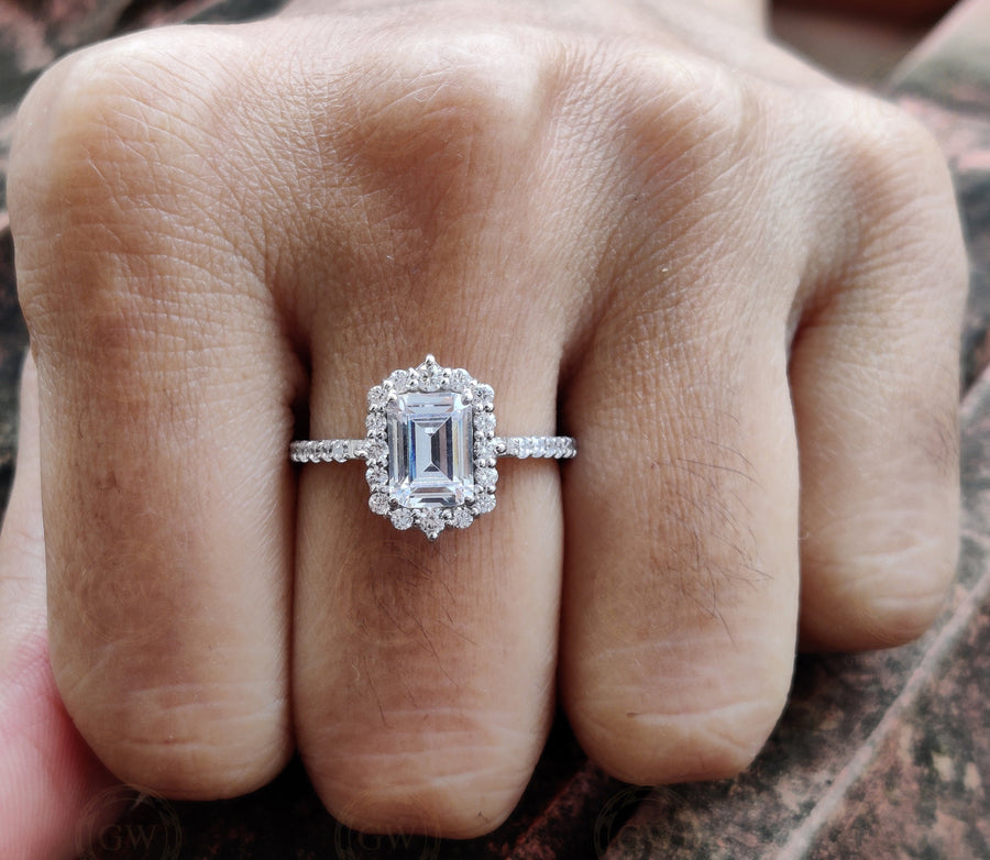 Moissanite Vintage Halo Engagement Ring, Emerald Cut Wedding ring, Sterling Silver, Ring for women, Classic Moissanite ring