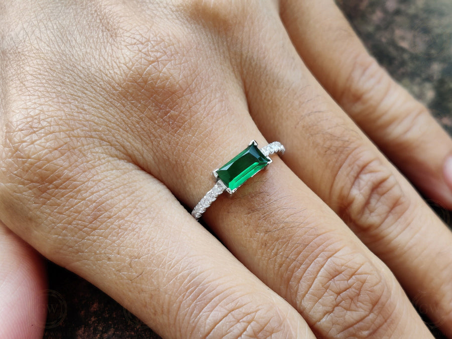 Gemstone engagement ring, Green Emerald Baguette Stacking Rings, Rings for women, Sterling silver, Birthstone Jewelry