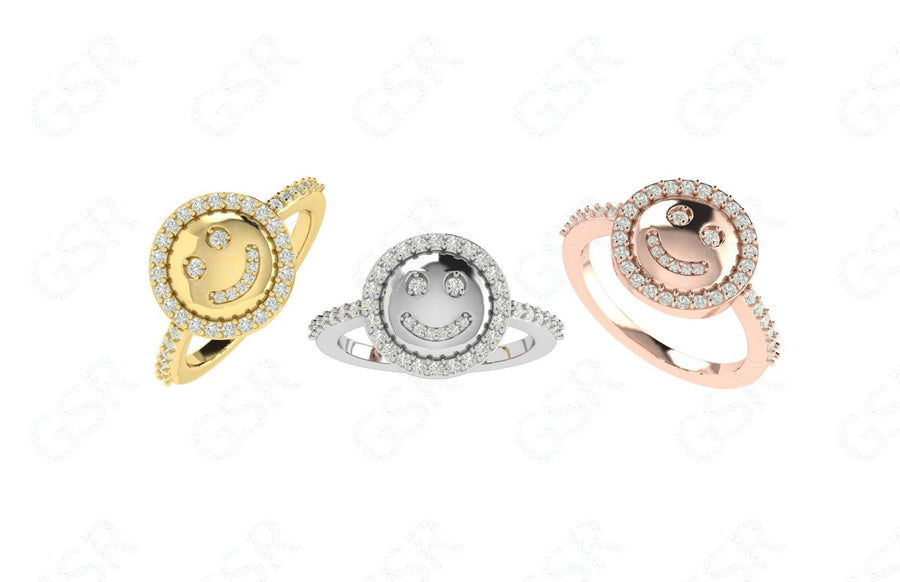 Express Your Joy: Silver and Gold Smiley Face Moissanite Ring, a Playful Stacking Ring for a Unique and Fun Look