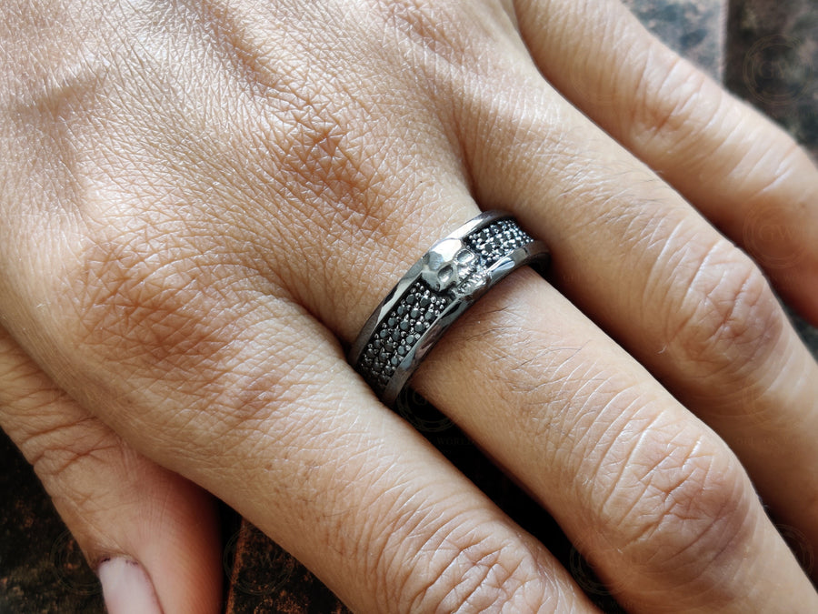 Gothic Skull Wedding Band Men, Pave Mens Moissanite Ring, Full Eternity Band, 3 Row Micro Pave Diamond Band, Wide Skull Anniversary Bands