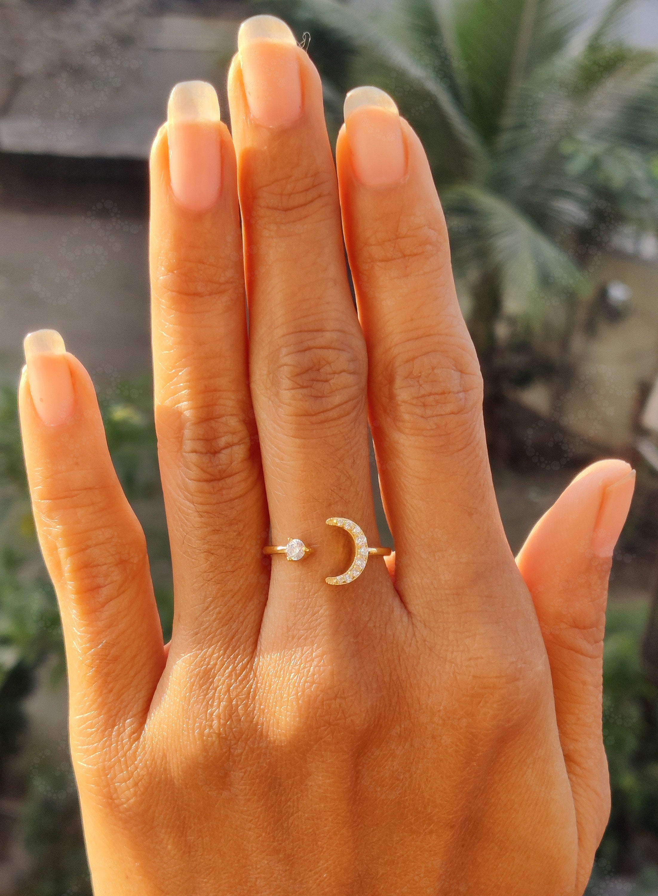 Crescent Moon Moissanite Ring - Double Horn Open Design - Diamond Stacking Rings - Promise Ring - Stackable