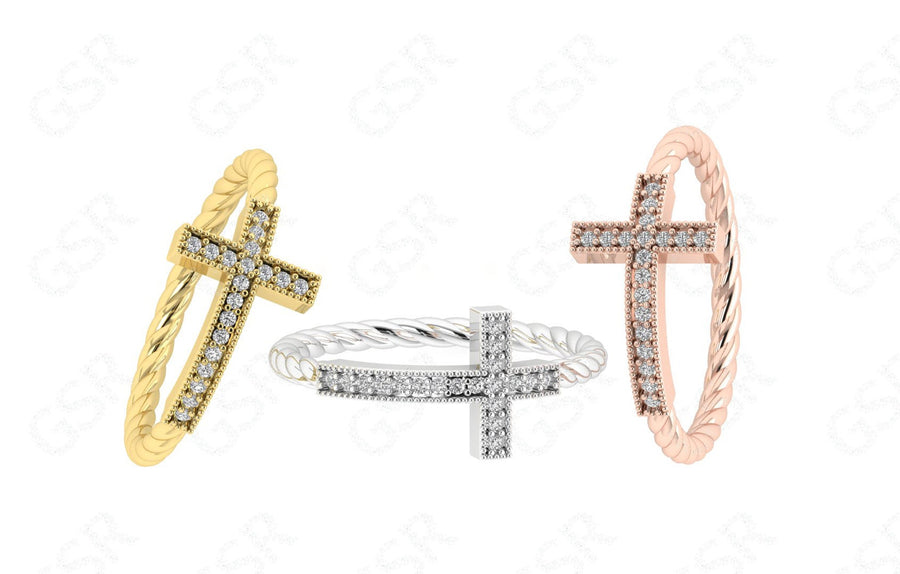 Sacred Beauty: Christian Cross Ring in Silver and Solid Gold, a Sideways Religious Ring with Cable Twists and Round Moissanite