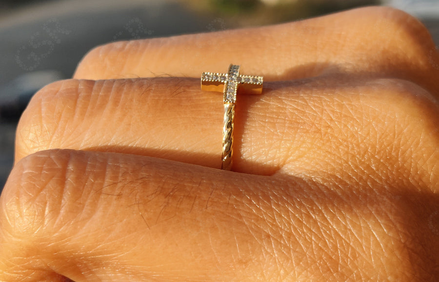 Sacred Beauty: Christian Cross Ring in Silver and Solid Gold, a Sideways Religious Ring with Cable Twists and Round Moissanite