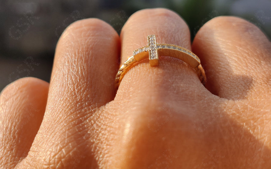 Sacred Beauty: Christian Cross Ring in Silver and Solid Gold, a Sideways Religious Ring with Cable Twists and Round Moissanite