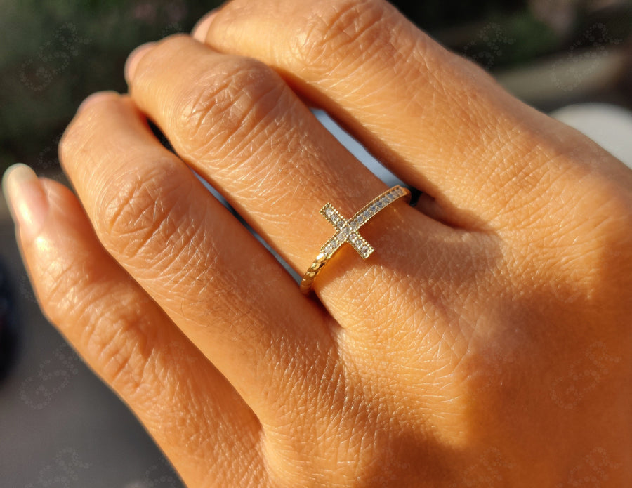 Sacred Beauty: Christian Cross Ring in Silver and Solid Gold, a Sideways Religious Ring with Cable Twists and Round Moissanite