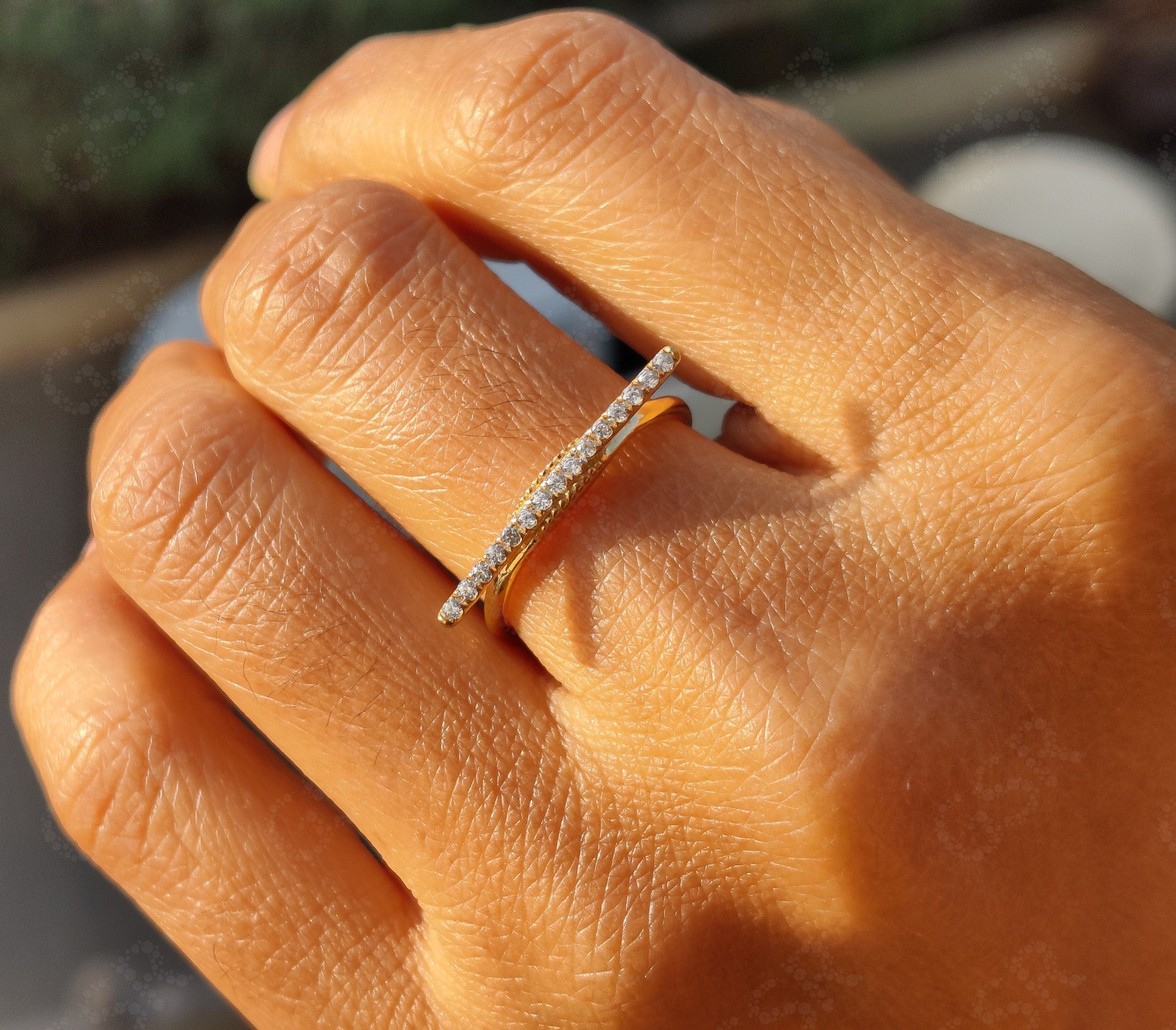 Elegant Line Horizontal Bar Ring - Silver and Solid Gold Moissanite Beauty - Unique Minimal Jewelry, a Dainty Minimalist Stackable Ring