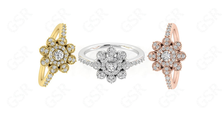 Floral Silver and Gold Moissanite Ring: A Nature-Inspired Stackable Ring for Women – Ideal for Promise, Anniversary, and Special Occasions