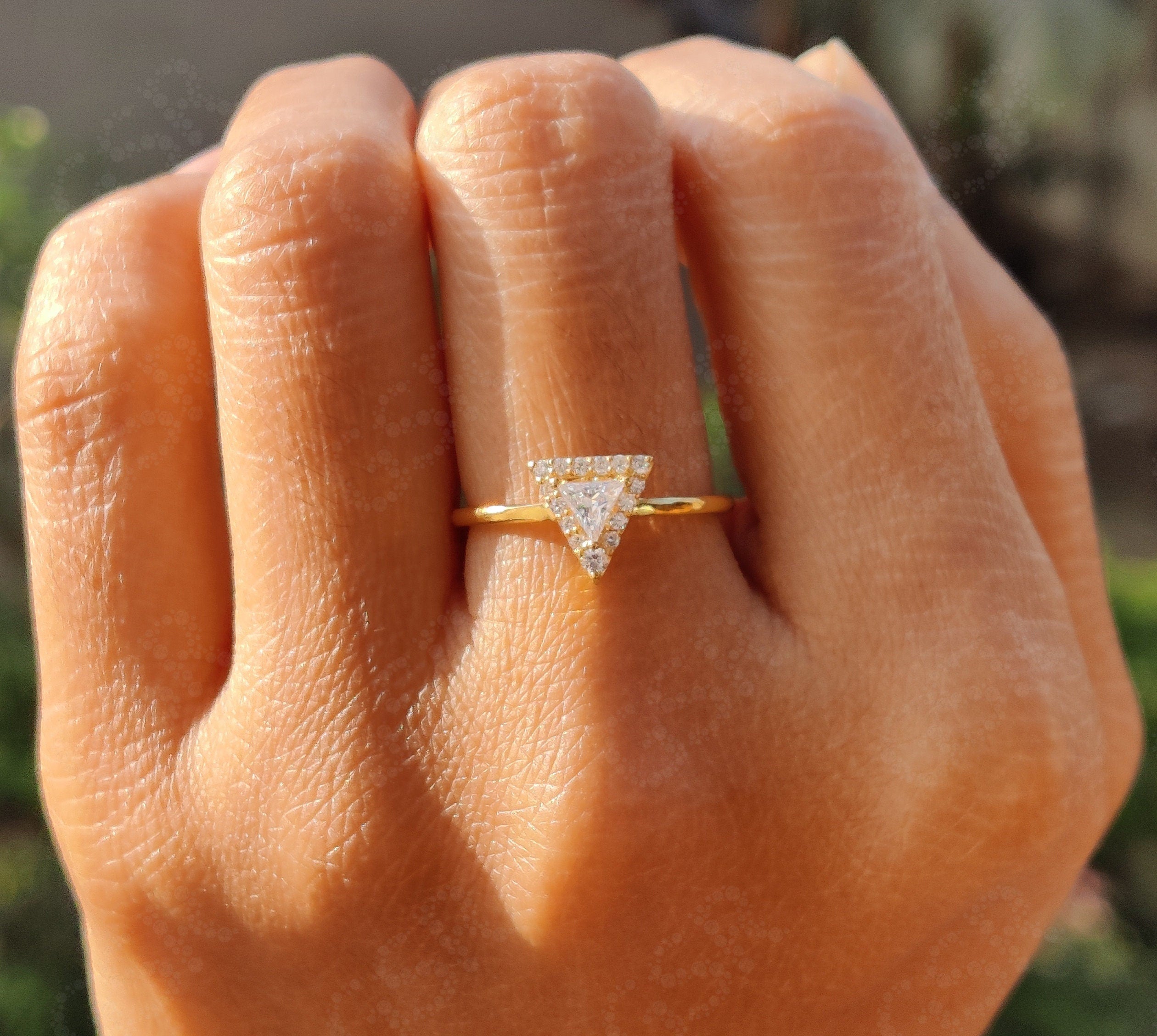 Triangle Moissanite Ring: A Stylish Silver and Gold Moissanite Stackable Ring, the Perfect Geometric Dainty Minimalist Promise Ring for Women