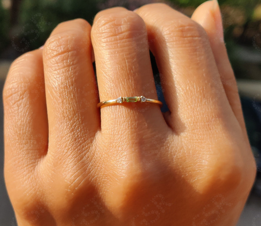 Stunning Stackable Birthstone Rings - Silver and Gold Baguette Peridot Stacking Beauty - Minimalist Three-Stone Dainty Ring