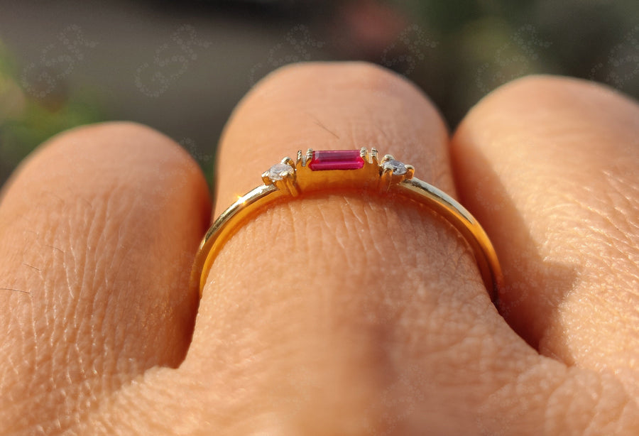 Elegant Stackable Birthstone Rings - Silver and Gold Ruby Beauty - Baguette Ruby Stacking Ring, Ideal Minimalist Ruby Ring with Three-Stone Ruby Promise