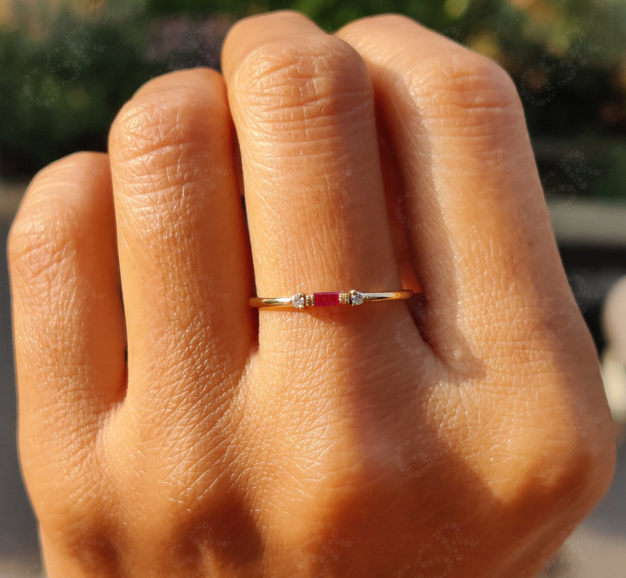 Elegant Stackable Birthstone Rings - Silver and Gold Ruby Beauty - Baguette Ruby Stacking Ring, Ideal Minimalist Ruby Ring with Three-Stone Ruby Promise