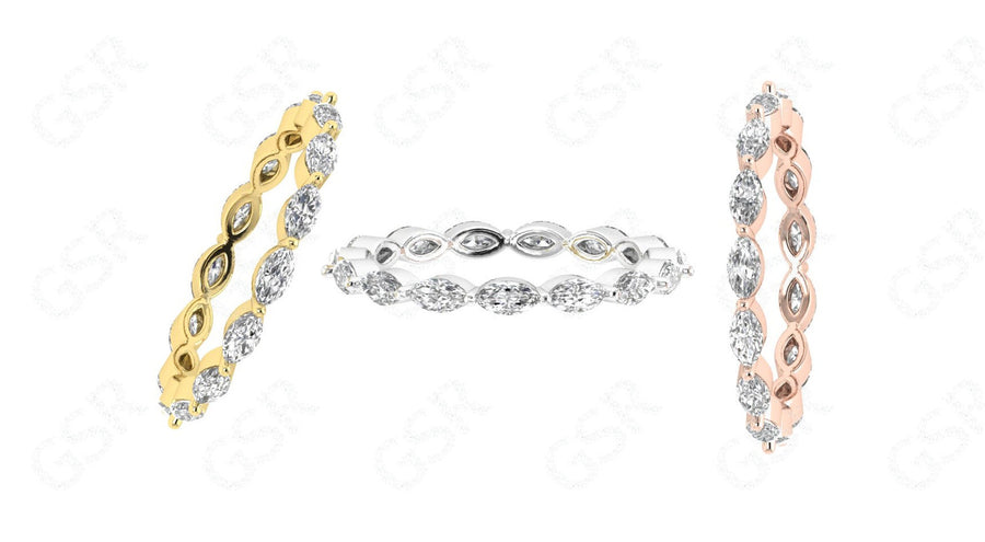 Marquise Moissanite Wedding Band: Floating Full Eternity Ring in Silver and Gold