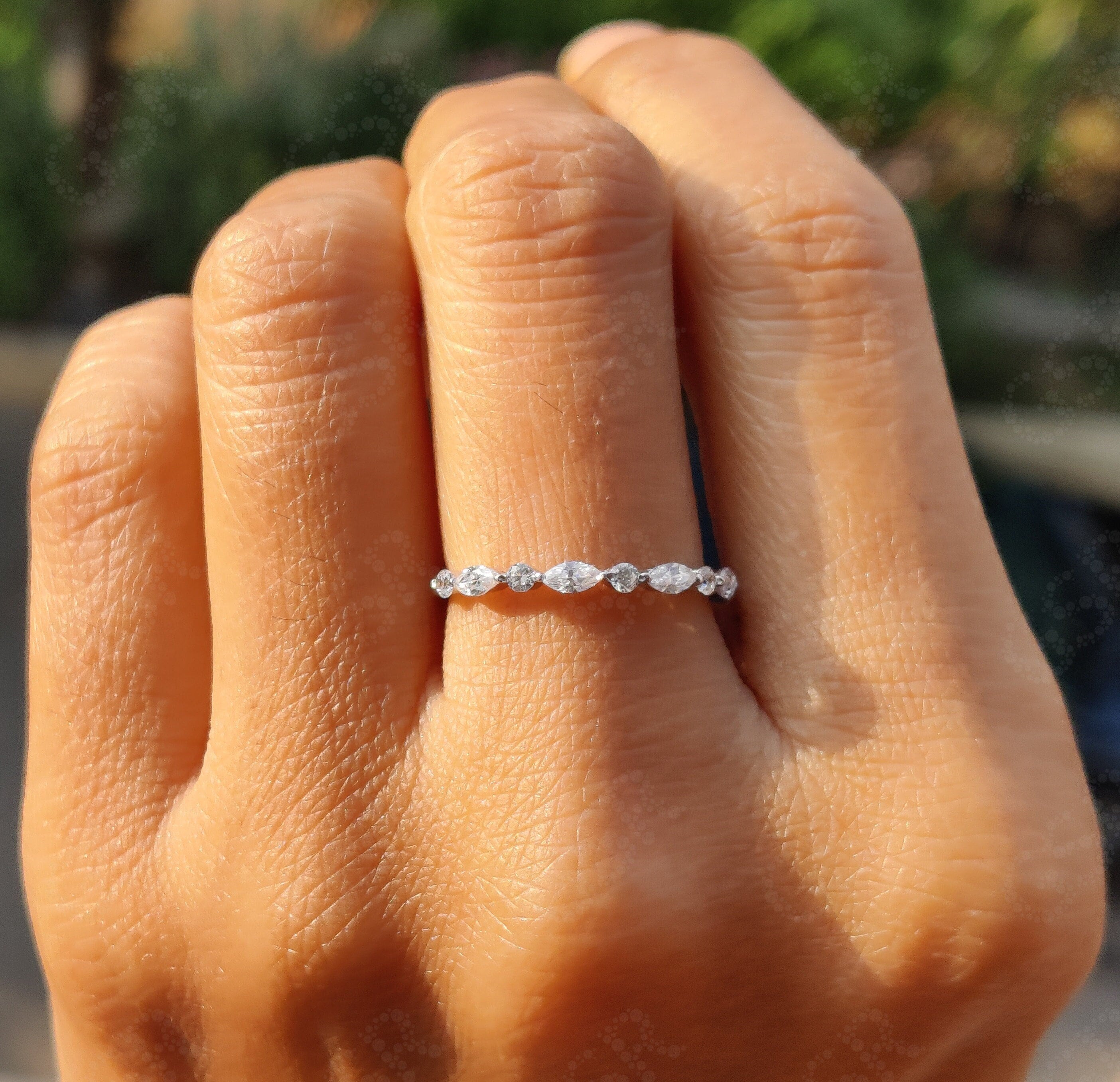 Timeless Elegance: Alternating Marquise and Round Band in Silver and Gold, a Floating Moissanite Wedding Ring for Half Eternity Stacking