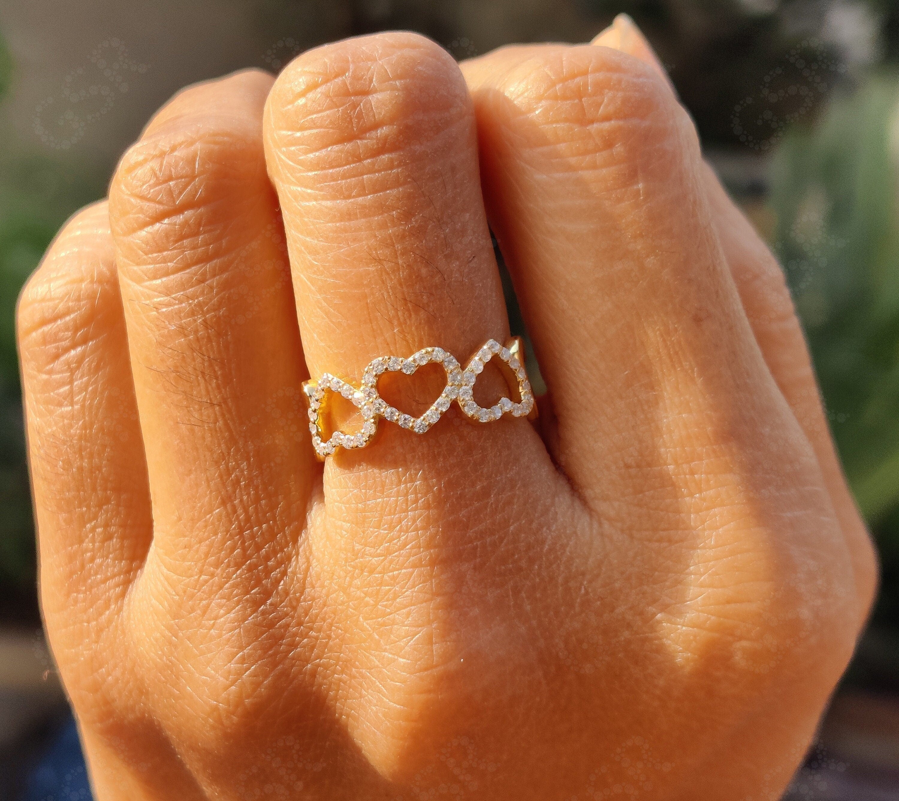Heart-Shape Moissanite Band - Silver and Gold Stackable Ring - 14k Gold Full Eternity Wedding Ring - Romantic Valentine's Day Gift for Her