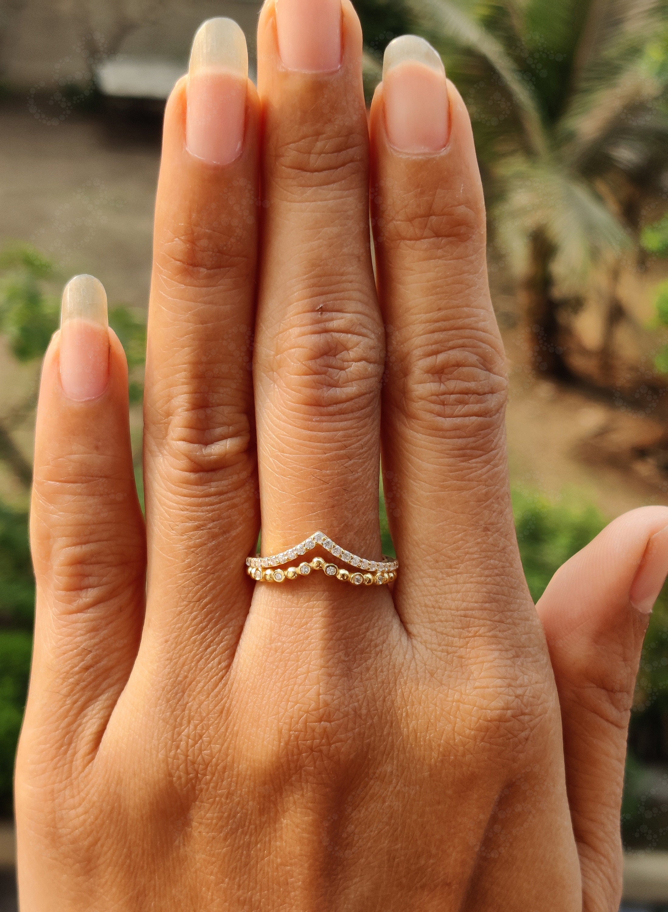 Silver and Gold Chevron Ring Set with Moissanite - Minimalist Stacking and Wedding Band