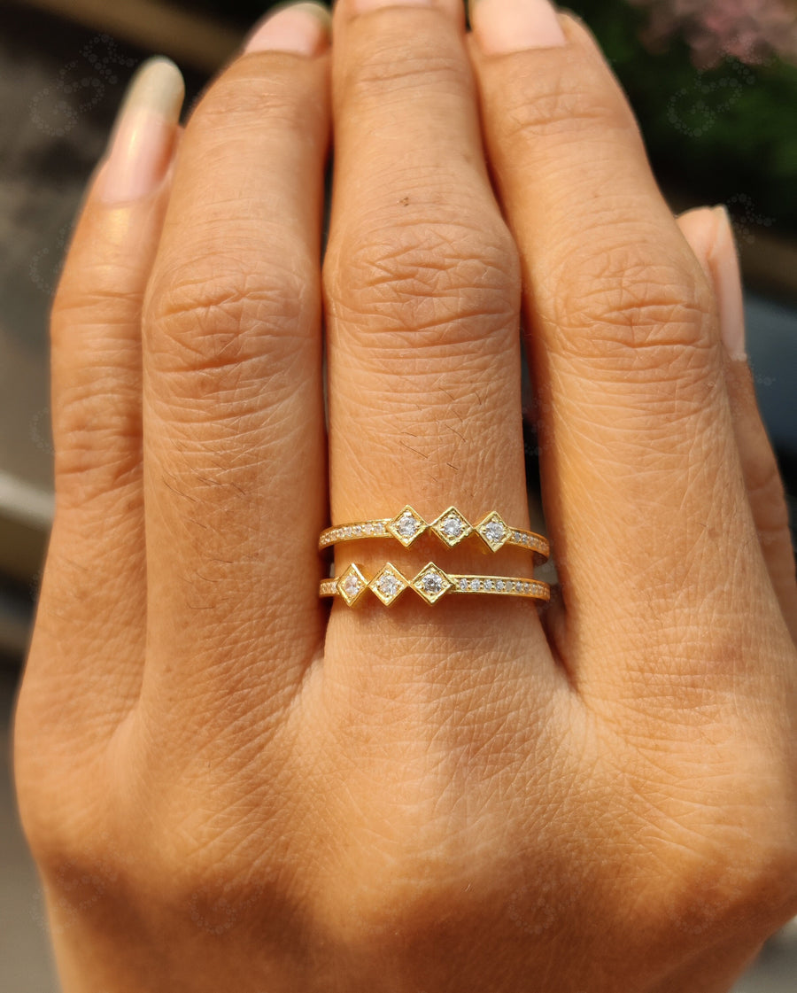 Dual Band Silver and Gold Moissanite Stacking Ring - Dainty Stackable Minimalist Ring - Women's Unique Fine Jewelry