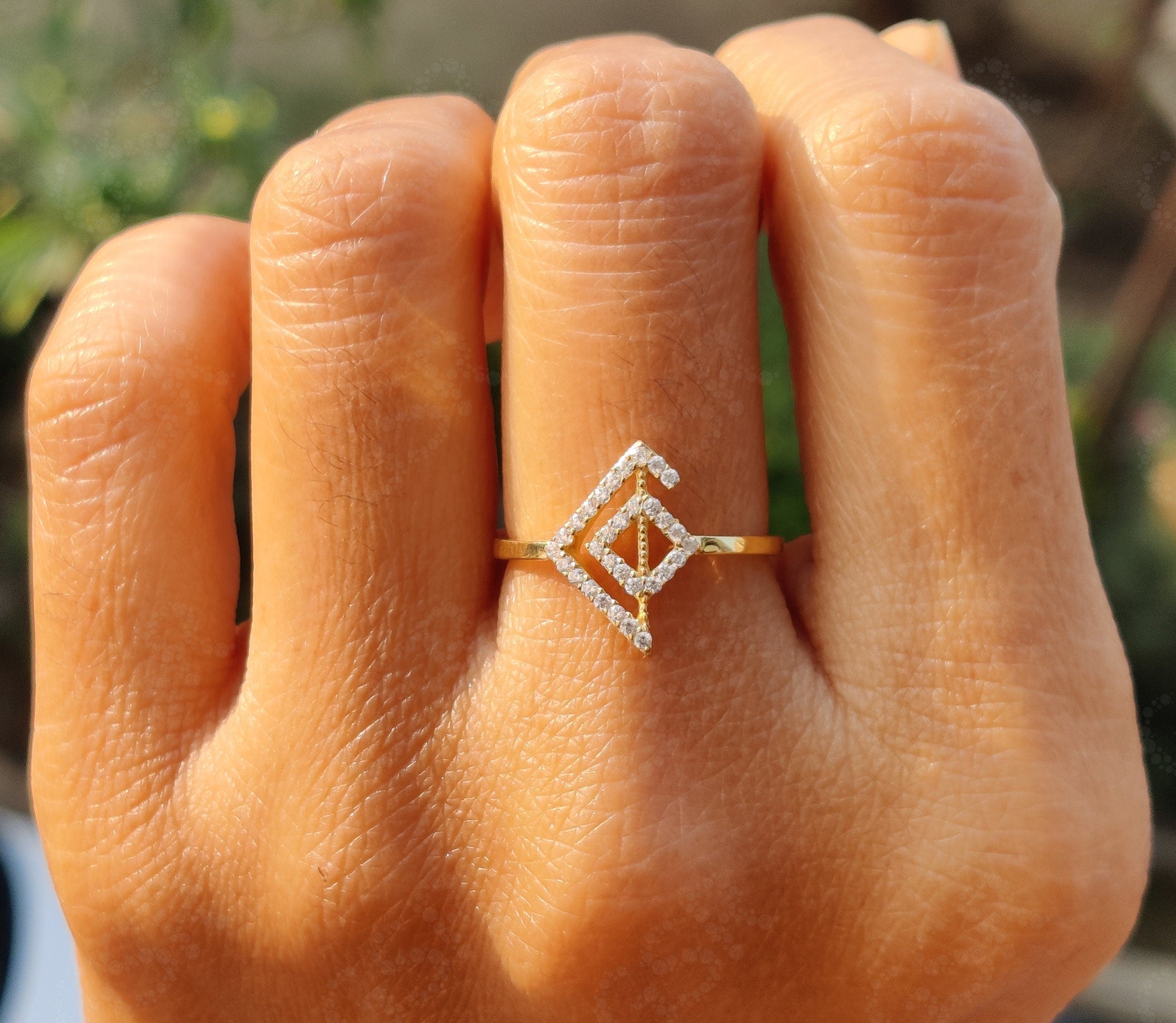 Express Your Love with Viking Rune Symbols: A Unique Silver and Gold Moissanite Ring, Perfect for Stackable Minimalist Rings