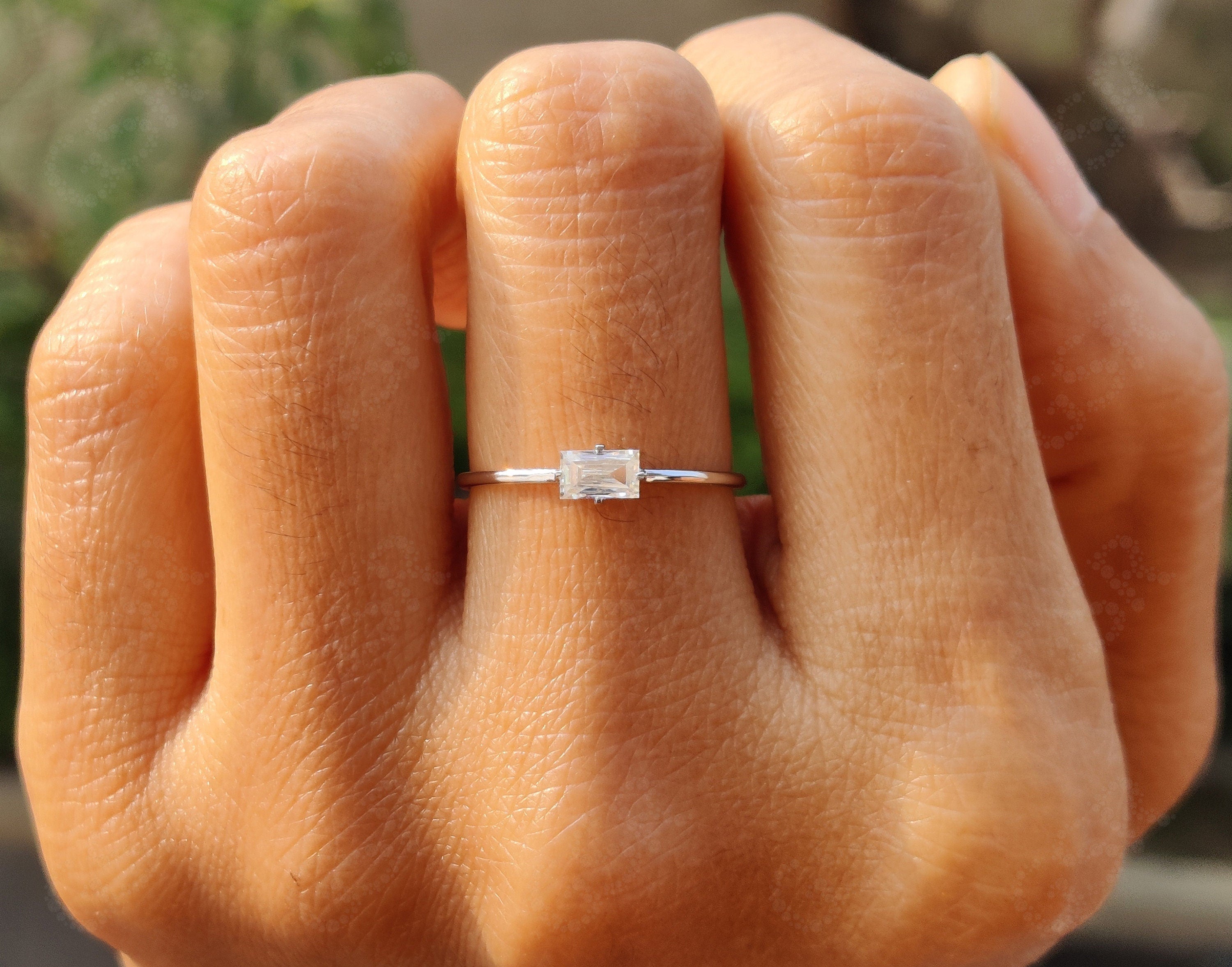Timeless Elegance: Solitaire Baguette Moissanite Engagement Ring in Silver and Gold - Perfect for Simple Stacking and Dainty Minimalism