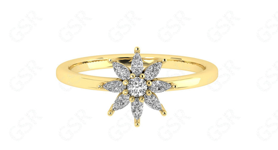 Radiant Sunburst: Silver and Gold Starburst Floral Moissanite Stackable Ring - Nature-Inspired Women's Wedding Ring, Simple Dainty Ring