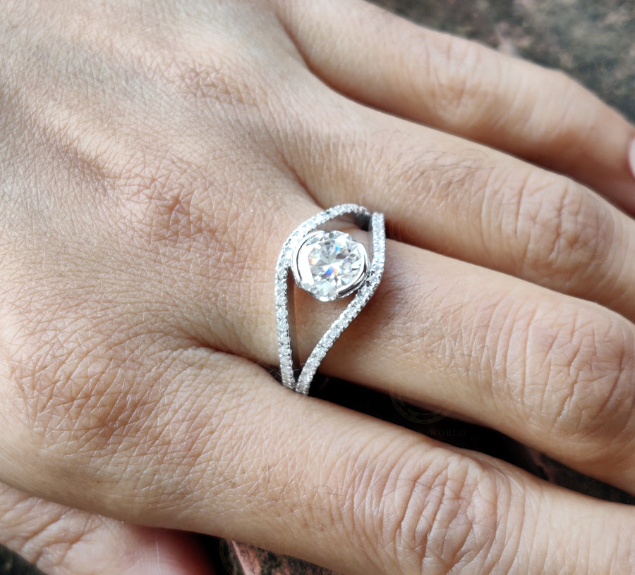 Moissanite Engagement Ring, Split Shank Anniversary Ring, Round Moissanite, Sterling Silver, Evil Eye Moissanite Ring, Ring For Women,