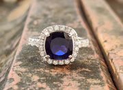 Blue Sapphire Cushion Shape Halo Engagement Ring For Women in 925 Sterling Silver