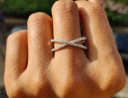 Criss Cross Round Moissanite Eternity Band - X Shaped Wedding Ring - Minimalist Design - Overlapping Dainty Ring