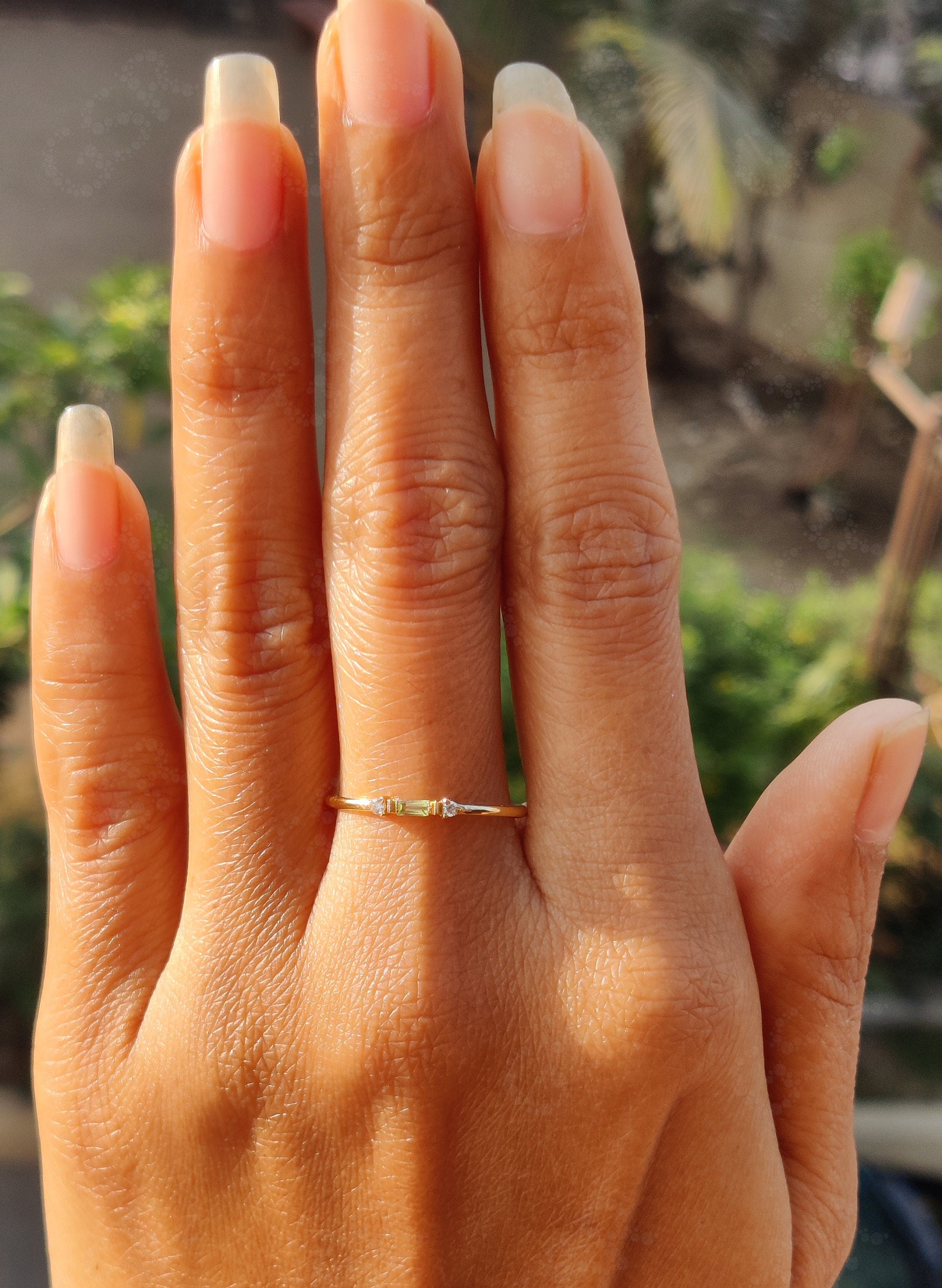 Stunning Stackable Birthstone Rings - Silver and Gold Baguette Peridot Stacking Beauty - Minimalist Three-Stone Dainty Ring
