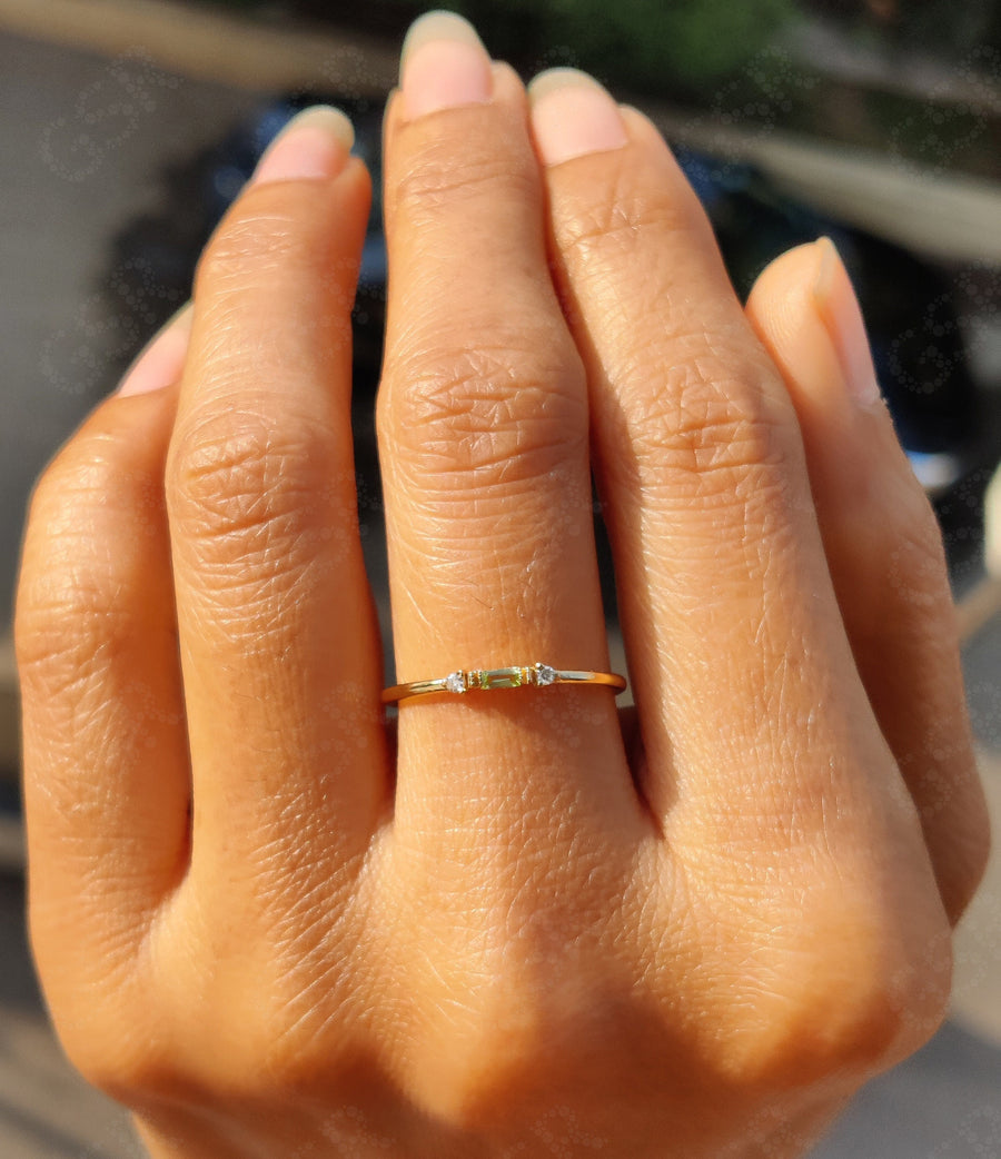 Stunning Stackable Birthstone Rings - Silver and Gold Baguette Peridot Stacking Beauty - Minimalist Three-Stone Dainty Ring