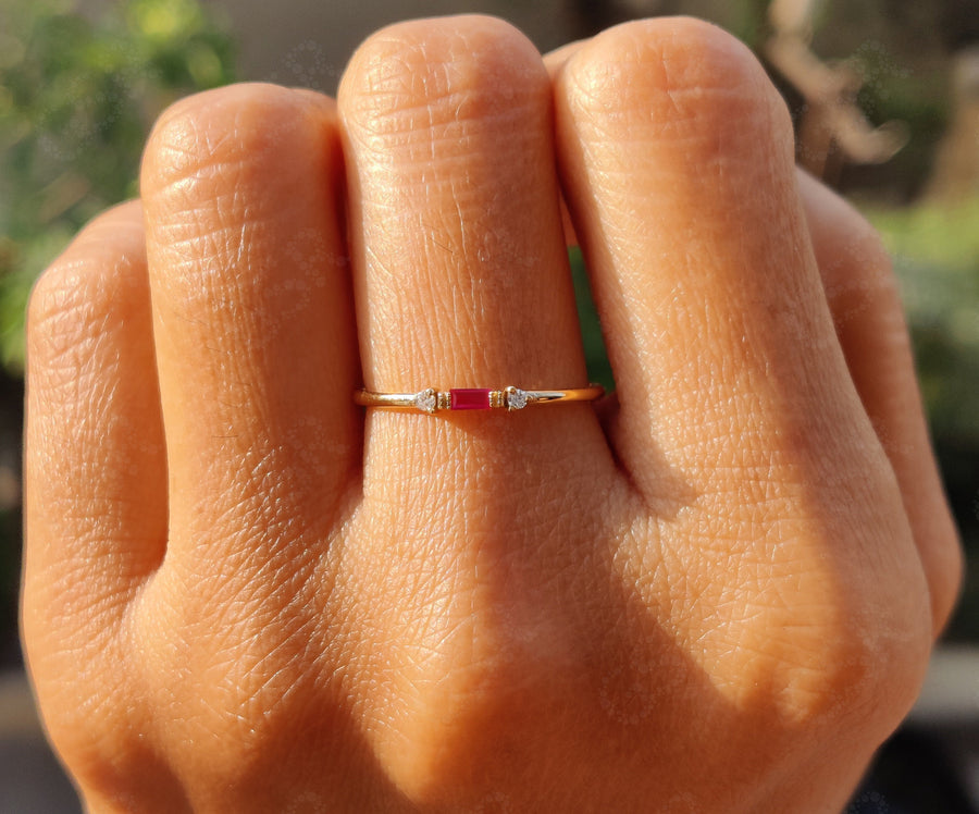 Elegant Stackable Birthstone Rings - Silver and Gold Ruby Beauty - Baguette Ruby Stacking Ring, Ideal Minimalist Ruby Ring with Three-Stone Ruby Promise