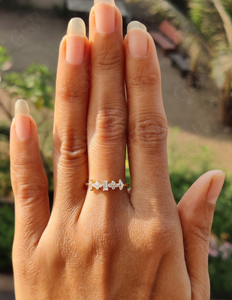 Multi Stone Moissanite Ring - Dainty Stacking Gold and Silver Band