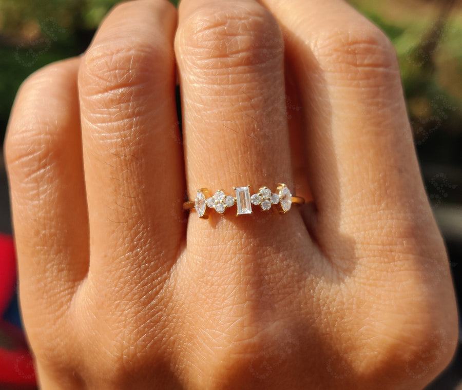 Multi Stone Moissanite Ring - Dainty Stacking Gold and Silver Band