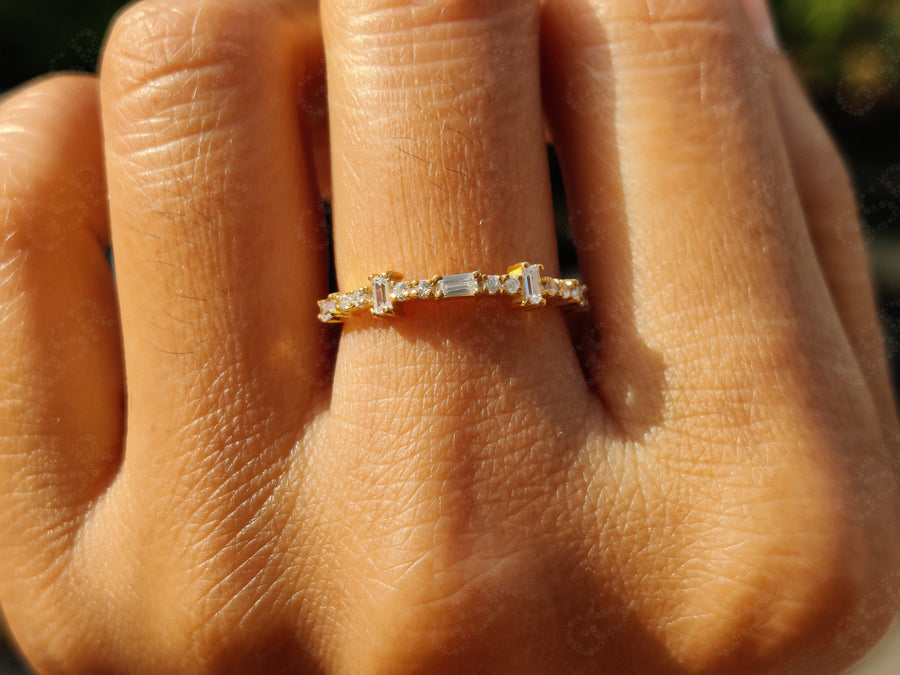 Minimal Moissanite Ring - Dainty Stacking Silver and Gold Band