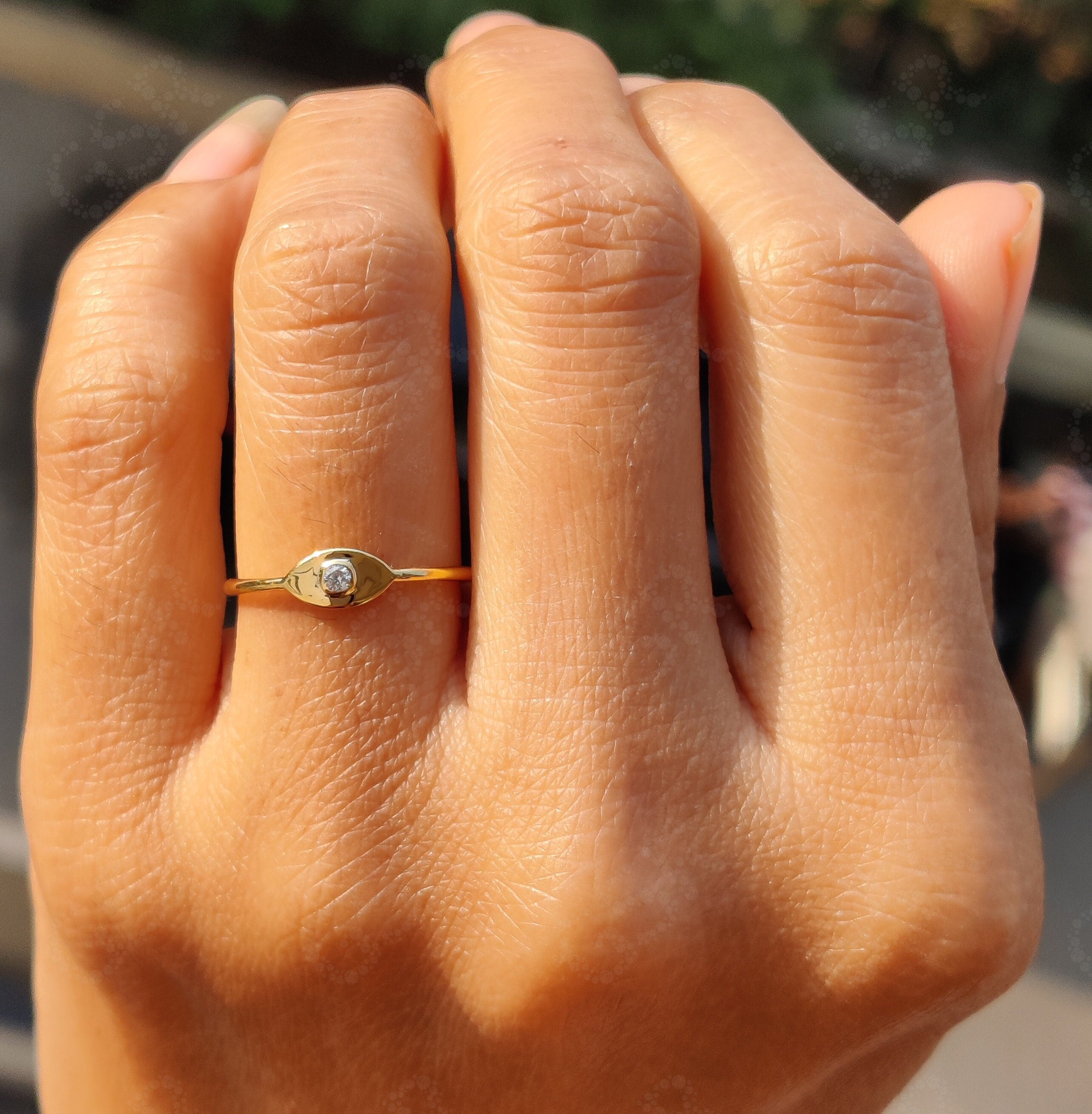 Evil Eye Stacking Ring: Dainty Minimalist Moissanite Ring in Silver and Solid Gold for Women