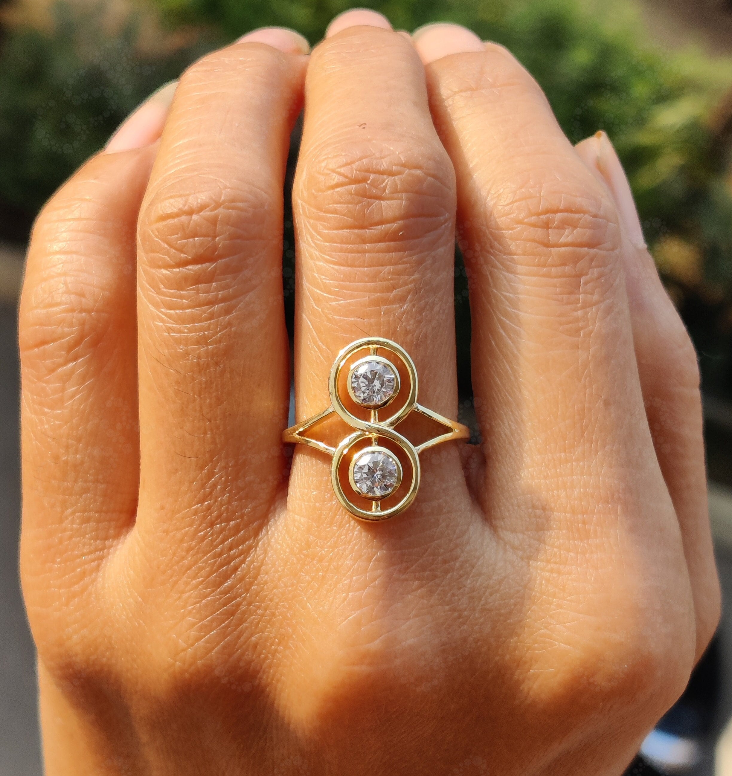 Double Delight: Modern Two Stone Moissanite Infinity Ring in 14K Gold – Symbolizing Eternal Togetherness