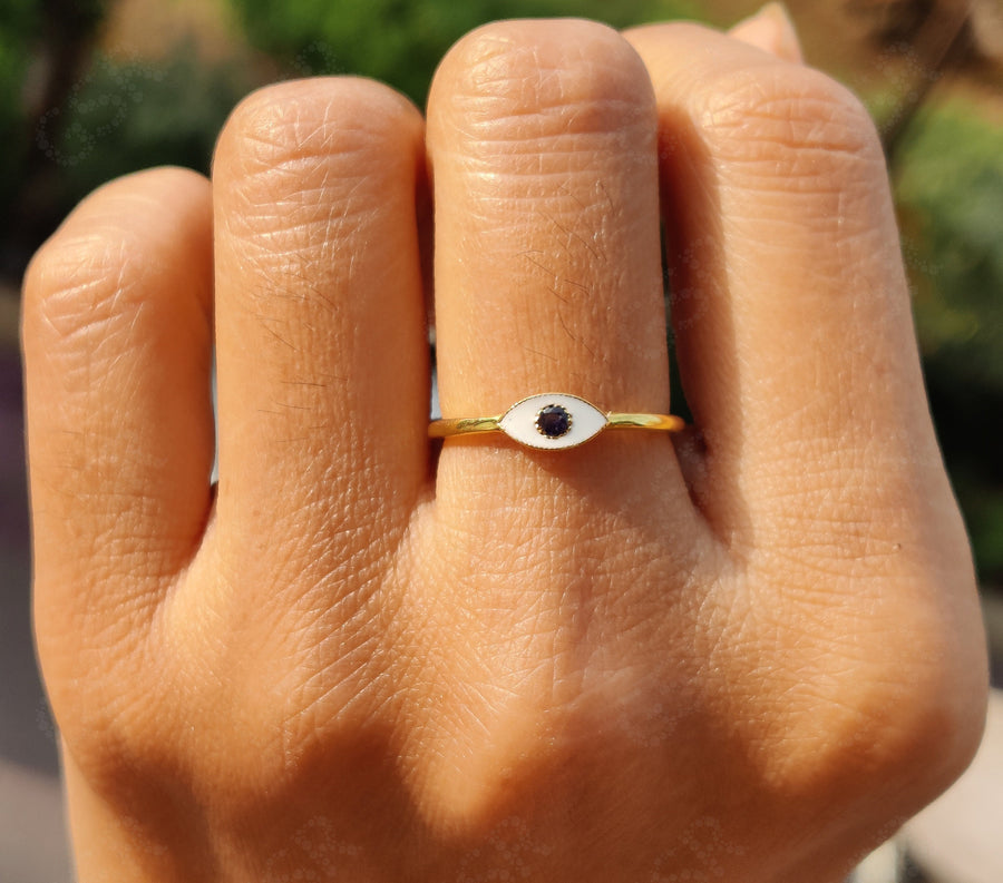 Dainty Evil Eye Stacking Ring - Gold Minimalist Ring - Natural Blue Sapphire - Minimal Birthstone Ring - Personalized Jewelry - White Enamel