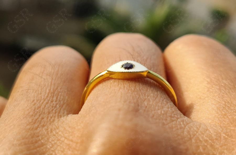 Dainty Evil Eye Stacking Ring - Gold Minimalist Ring - Natural Blue Sapphire - Minimal Birthstone Ring - Personalized Jewelry - White Enamel