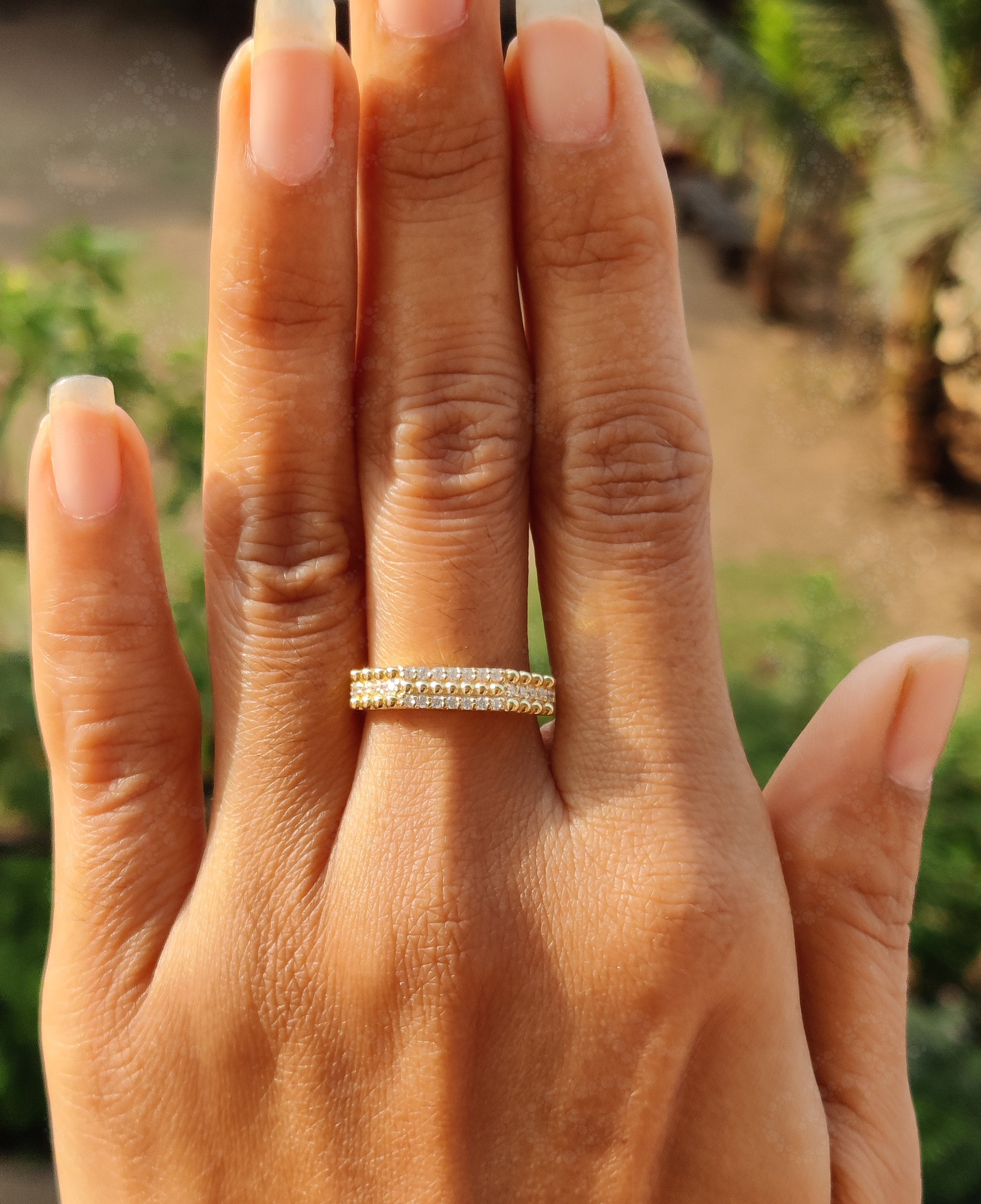 Unique Dainty Gold Anniversary Ring - Moissanite Stacking Silver and Gold Stackable Ring - Vintage Minimalist Art Deco Promise Ring