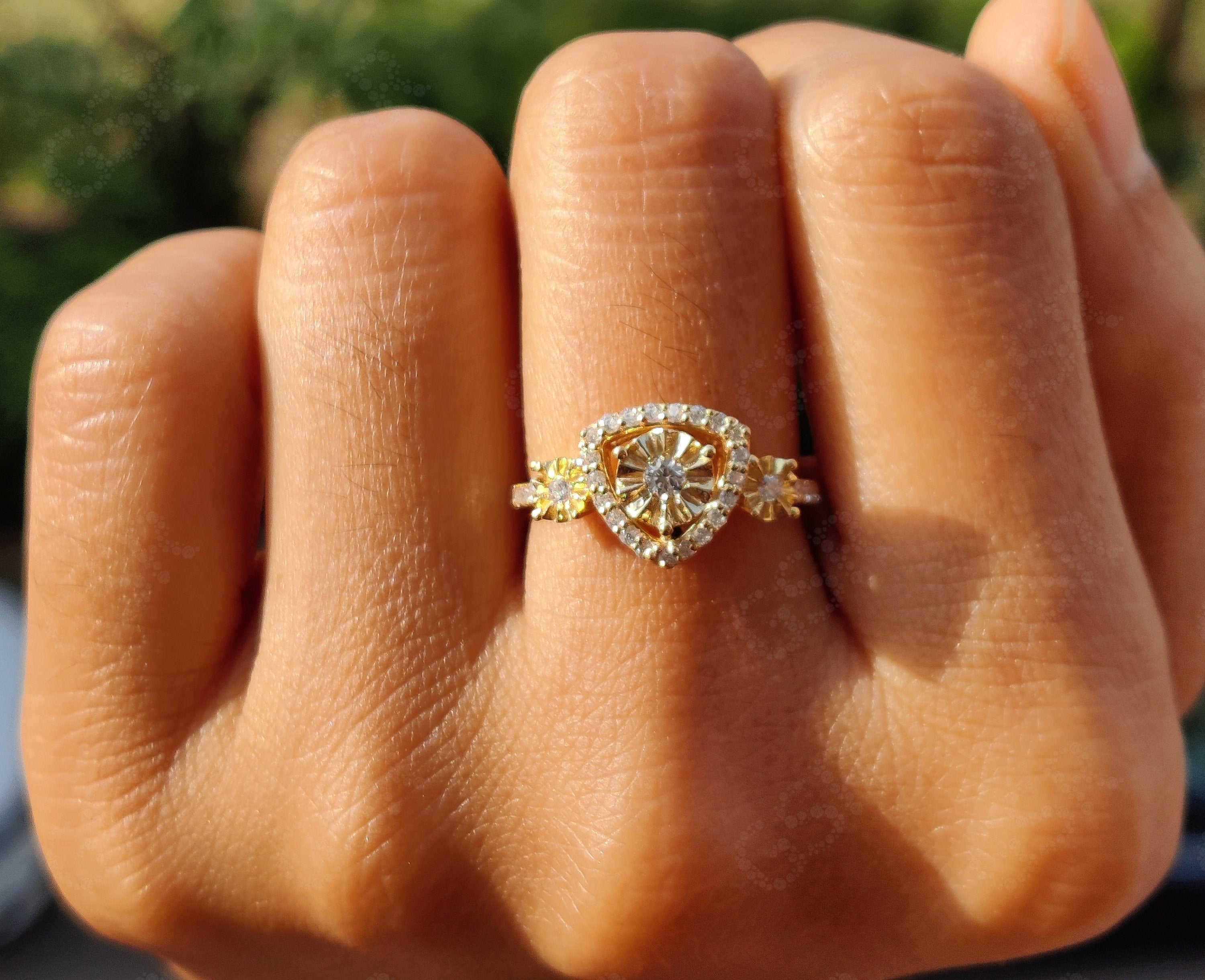 Trillion Shape 3 Stone Halo Engagement Ring - Unique Gold Wedding Ring for Women - Moissanite Gift for Her