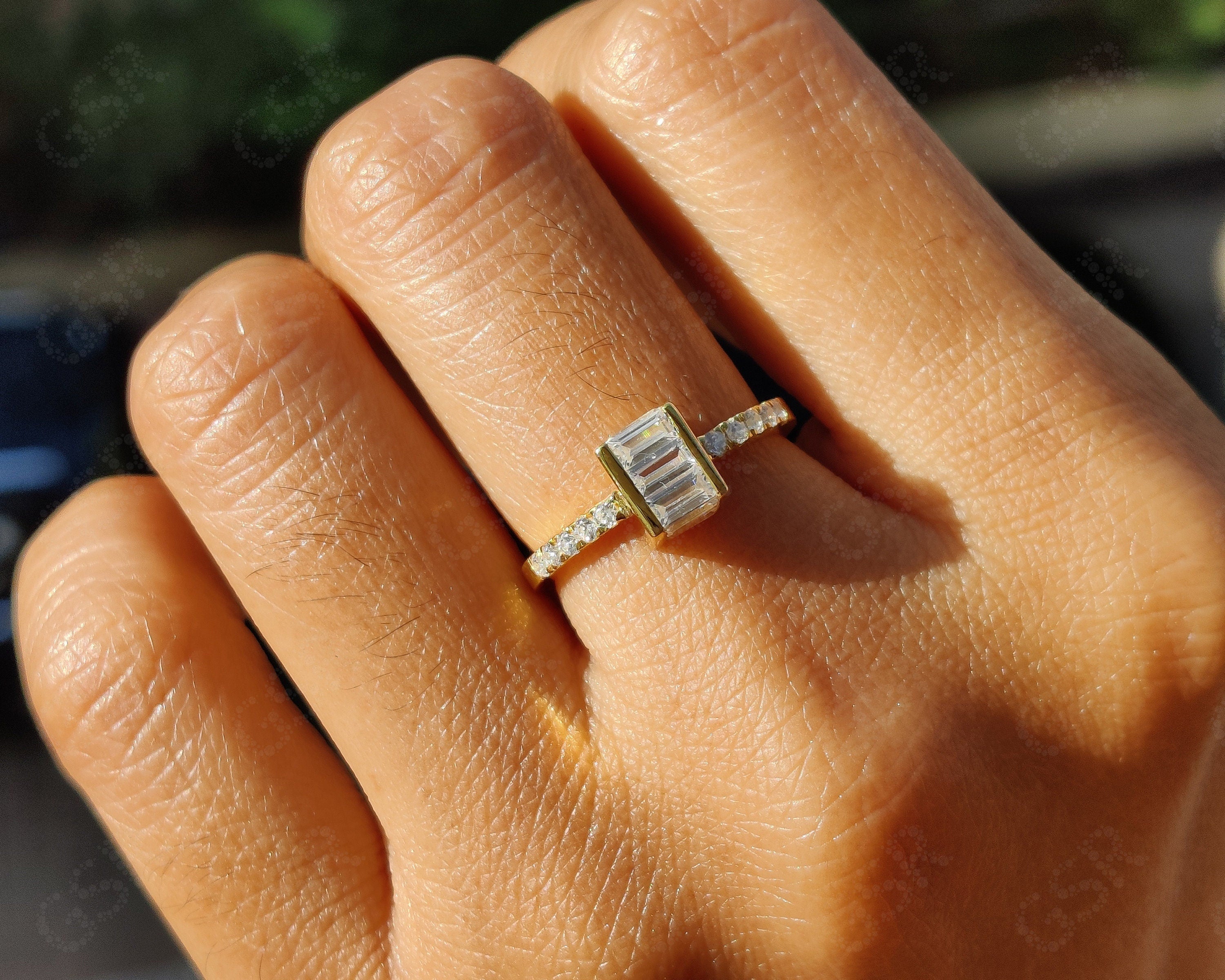 Baguette Moissanite Stacking Ring - Silver and Yellow Gold Stackable Ring - Unique Minimalist Jewelry Design - Dainty Promise Ring
