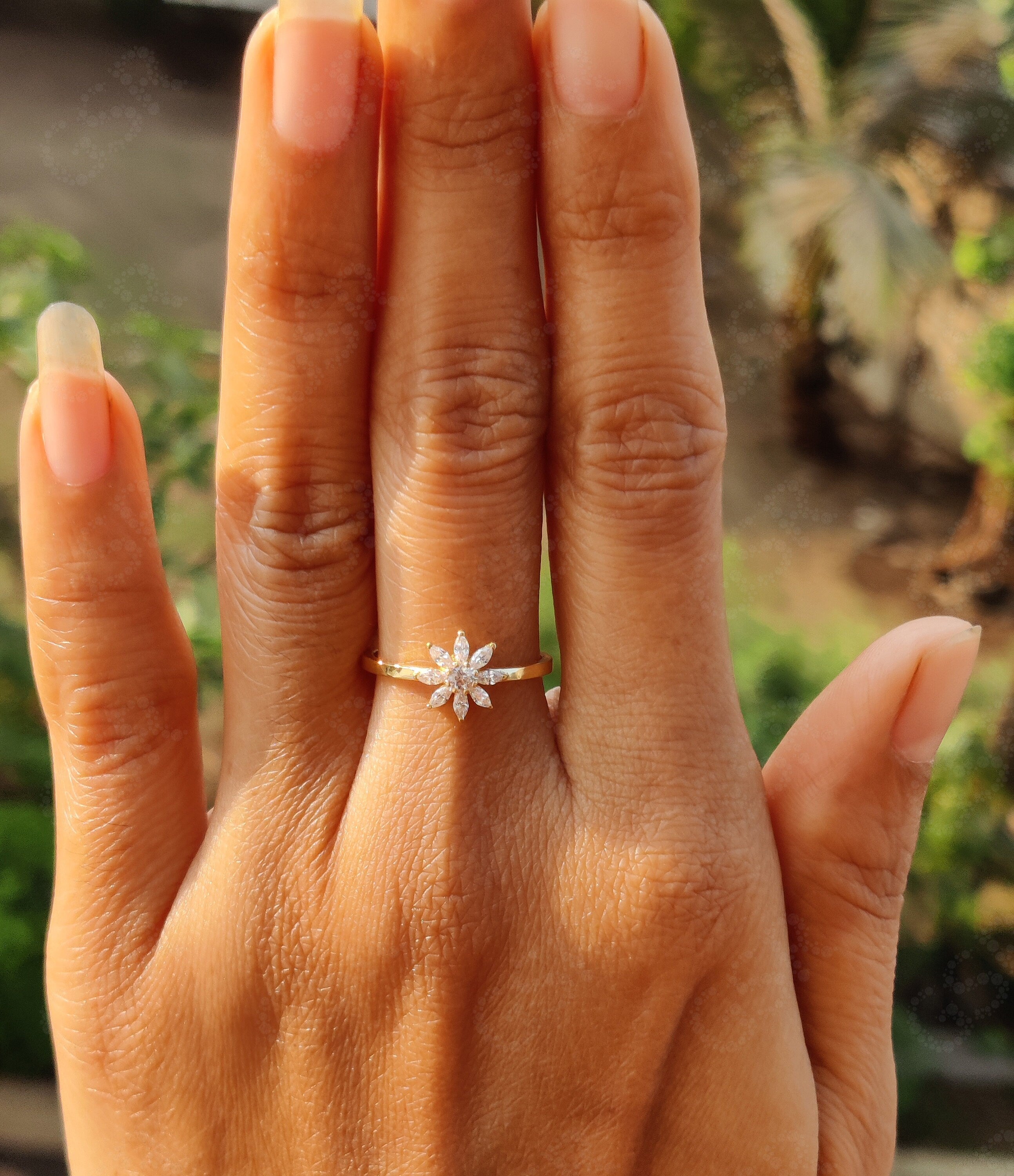 Radiant Sunburst: Silver and Gold Starburst Floral Moissanite Stackable Ring - Nature-Inspired Women's Wedding Ring, Simple Dainty Ring