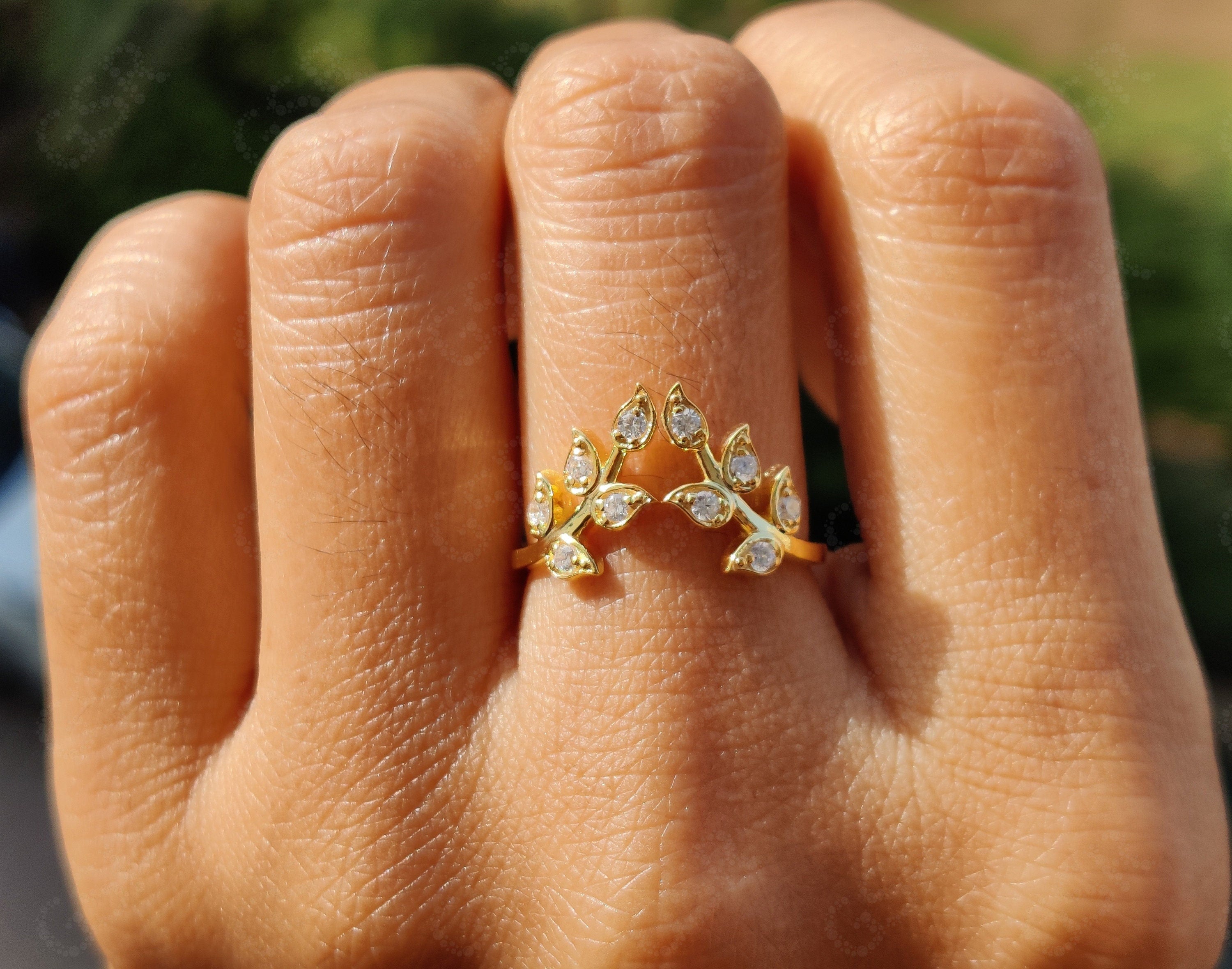 Elegant Floral Curved Chevron Band - Leaf V Shape Moissanite Beauty - Silver and Gold Ring - Natural Style Dainty Promise Ring