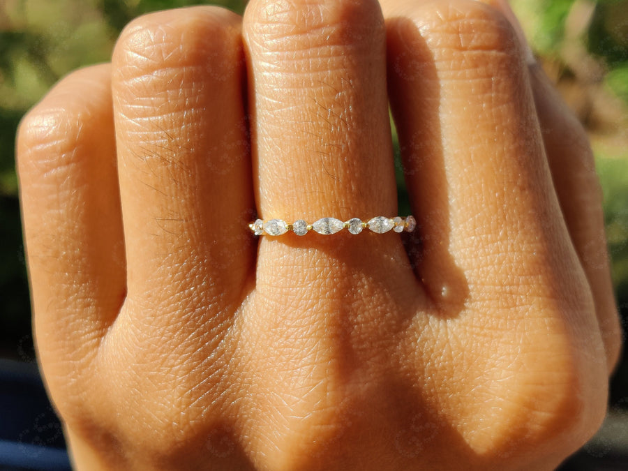 Elegant Alternating Marquise and Round Band - Floating Moissanite Wedding Beauty - Silver and Gold Half Eternity Stackable Ring - Moissanite Wedding Band