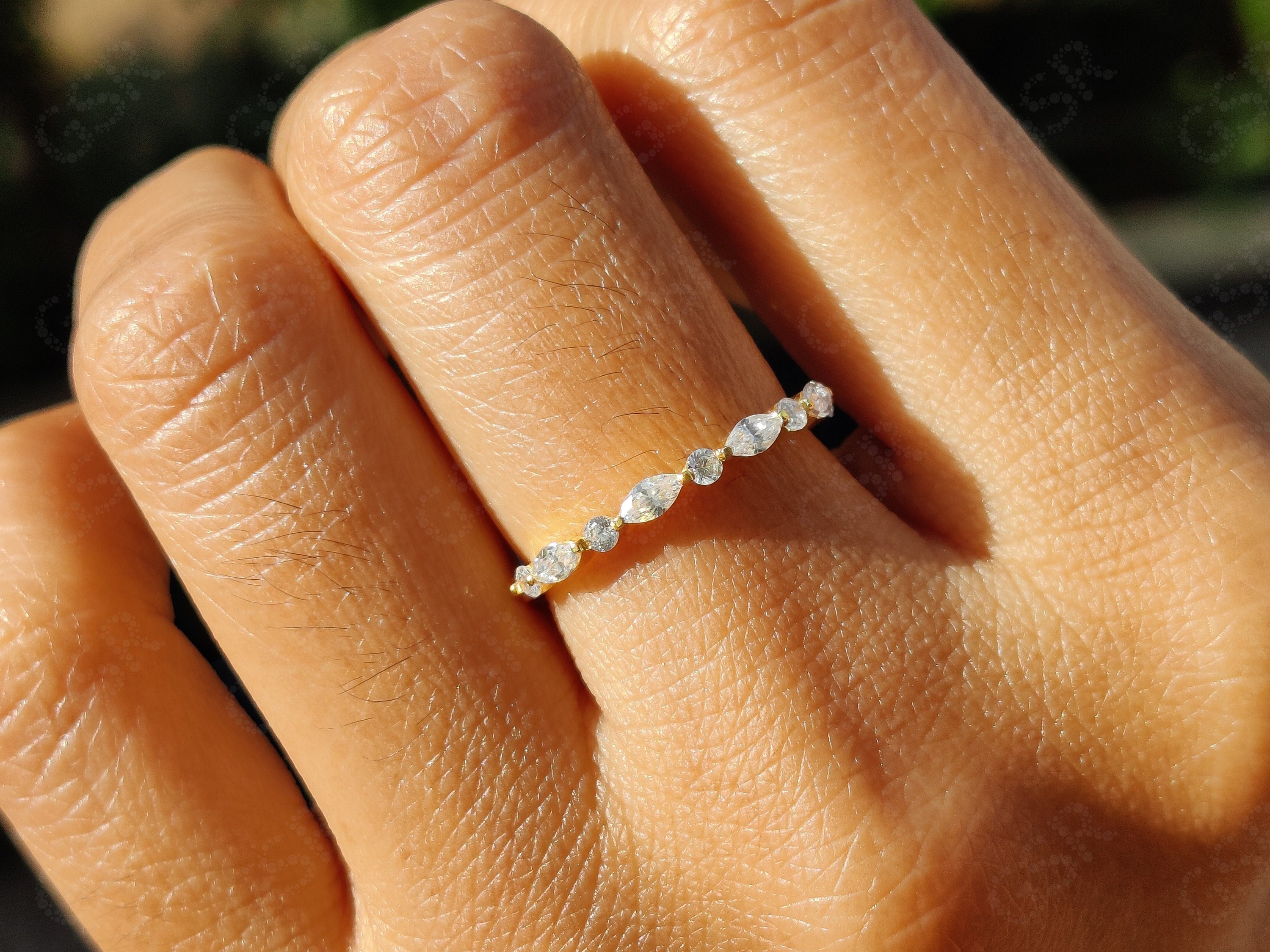 Elegant Alternating Marquise and Round Band - Floating Moissanite Wedding Beauty - Silver and Gold Half Eternity Stackable Ring - Moissanite Wedding Band