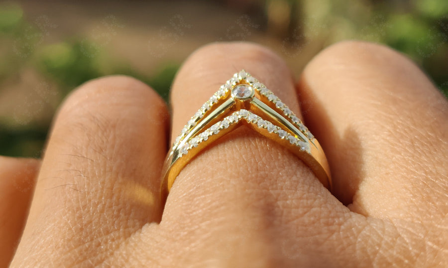 Elegant V Ring Set - Chevron Moissanite Wedding Beauty - Silver and Yellow Gold - Dainty Promise Ring and Anniversary Gift