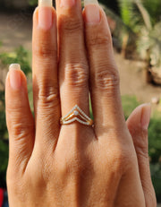 Elegant V Ring Set - Chevron Moissanite Wedding Beauty - Silver and Yellow Gold - Dainty Promise Ring and Anniversary Gift