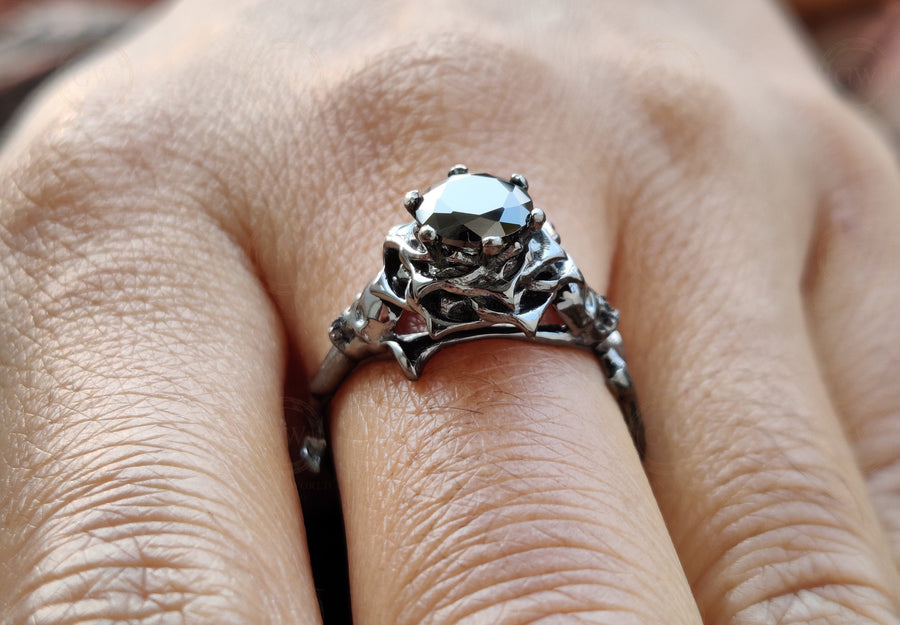 Gothic Skull Engagement ring / Round Black CZ Diamond / Rose Floral Wedding Ring / Unique Skull Nature Inspired Ring / Ring for Women