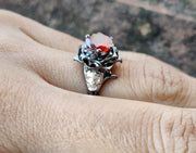 Gothic Skull Engagement ring / Round Red Ruby CZ Diamond / Rose Floral Wedding Ring / Unique Skull Nature Inspired Ring / Ring for Women