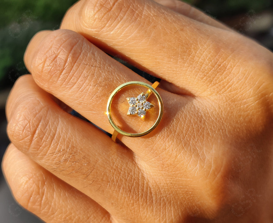 Elegant Hollow Circle Star Dainty Gold Minimal Ring - Silver and Gold Stackable Beauty - Moissanite Stacking Ring, a Perfect Anniversary Gift and Minimalist Delight