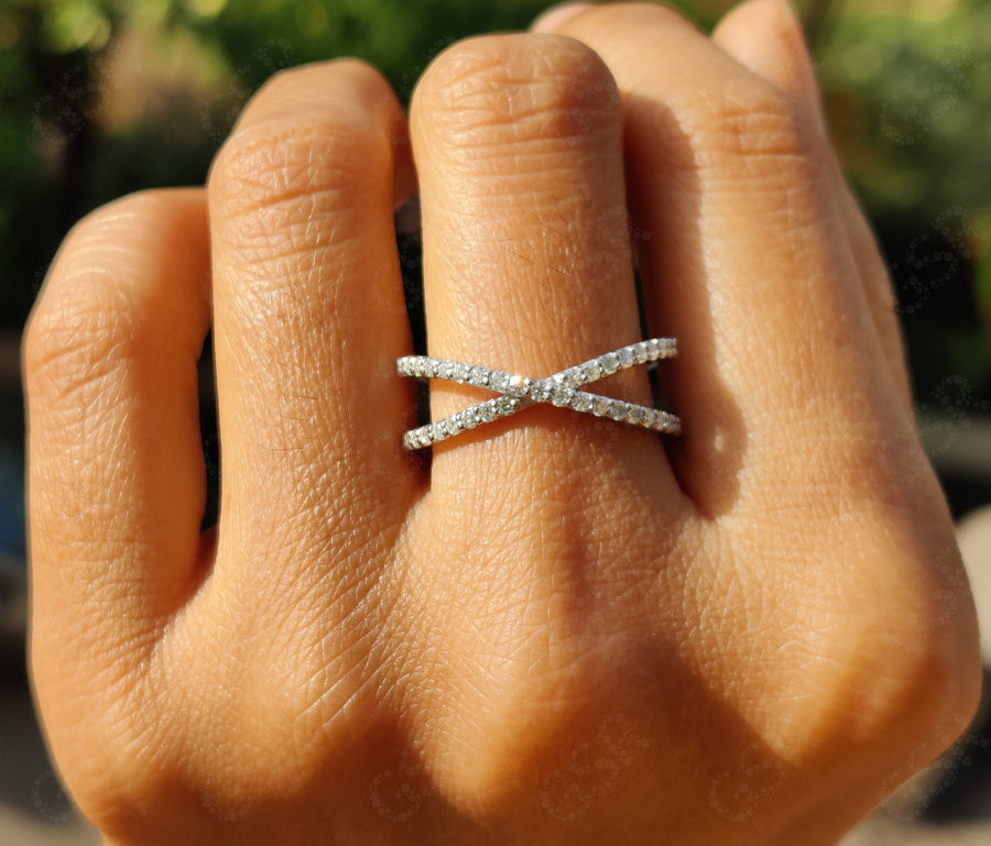Criss Cross Round Moissanite Eternity Band - X Shaped Wedding Ring - Minimalist Design - Overlapping Dainty Ring