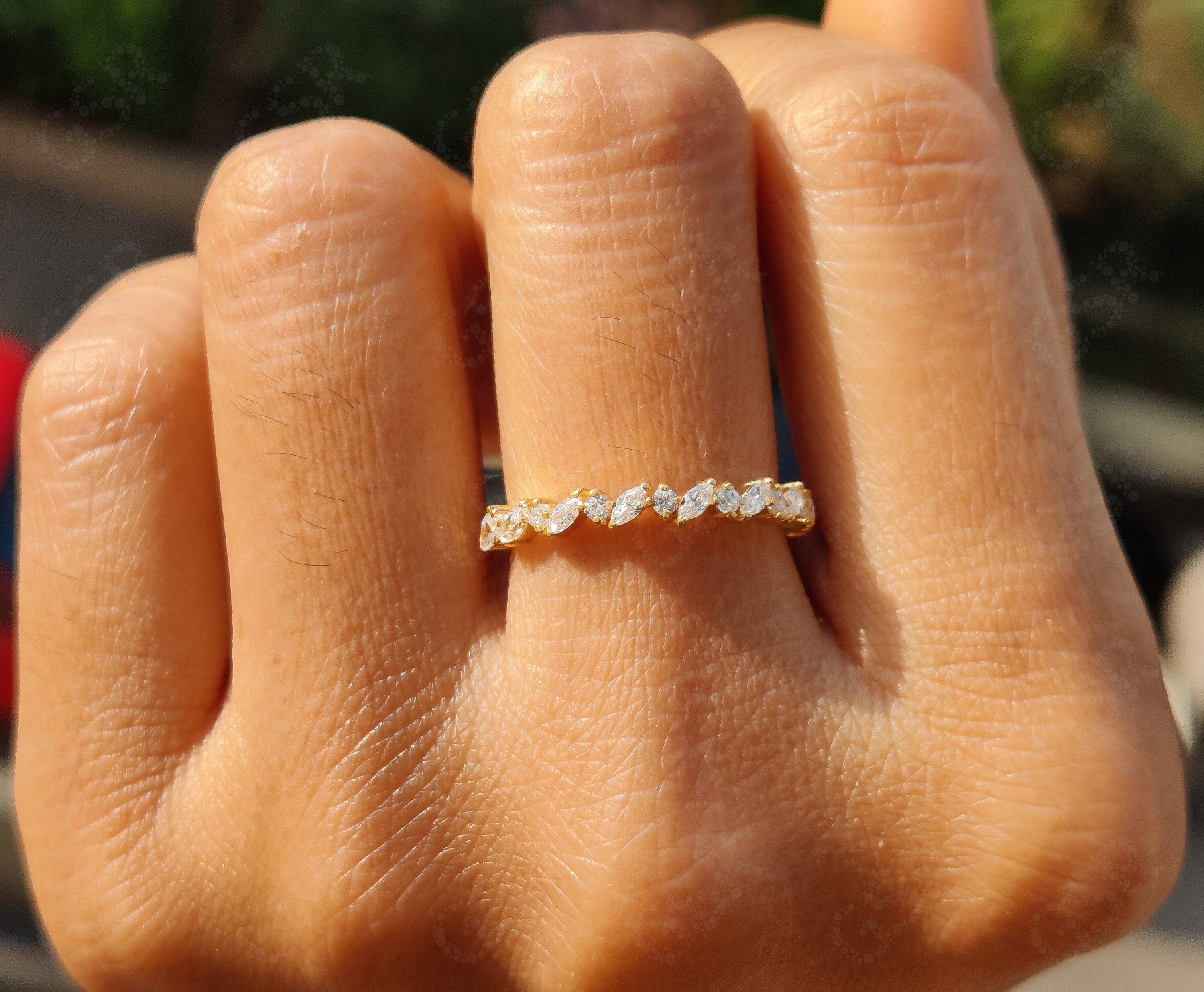 Chic Dainty Stacking Ring - Minimalist Gold Ring with Alternating Marquise and Round Moissanite - Silver and Gold Half Eternity Wedding Ring